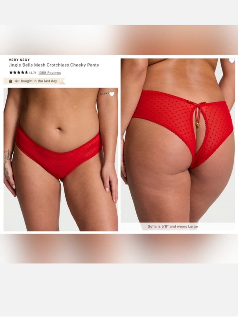 Victoria's Secret Very Sexy Jingle Bells Mesh Crotchless Cheeky Panty RED